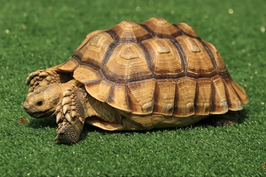 Detailed close-up of an African spurred tortoise (Centrochelys sulcata) walking on grass.