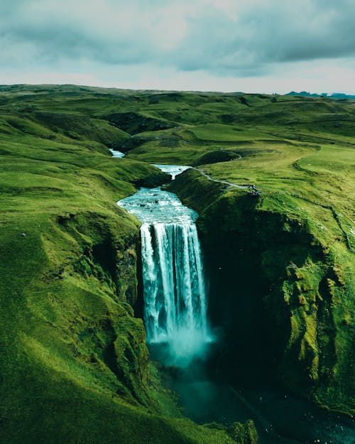 Aerial Photo of a Skogafoss Waterfall in Iceland