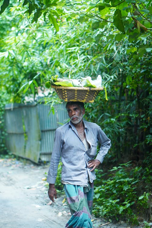 Man Carrying Basket with Food on Head