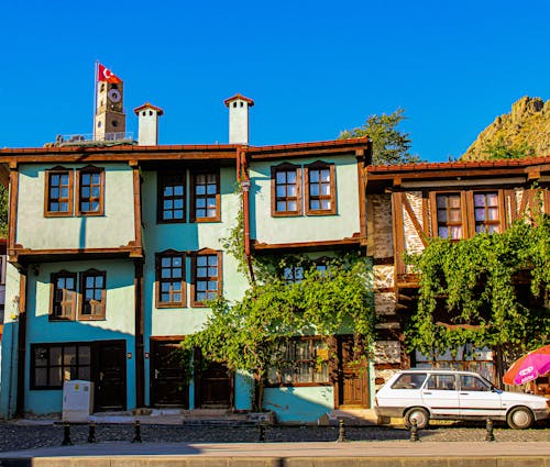 Facade of a Townhouse with Brown Window Frames