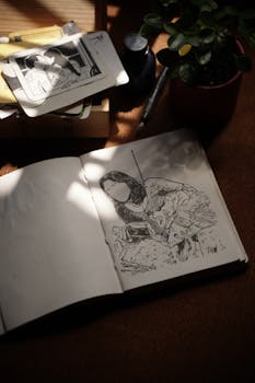 An open sketchbook with an illustration, surrounded by drawing materials on a sunlit table.