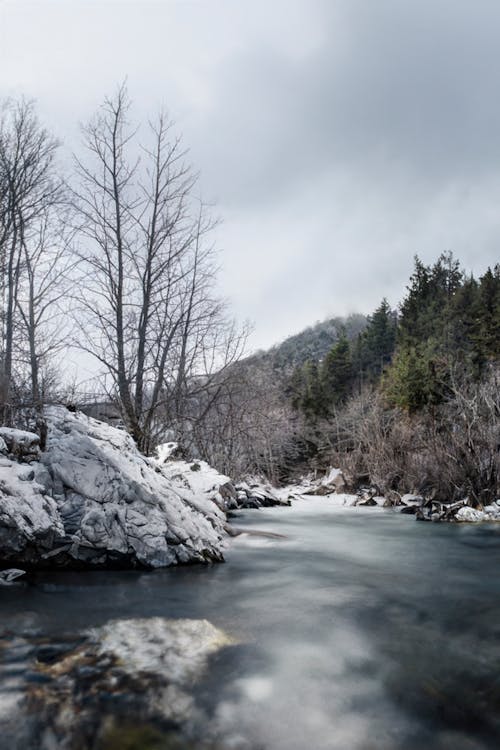 Frozen Mountain River in Winter 