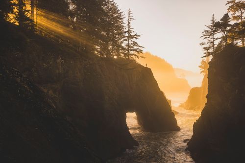 Free A breathtaking view of a rocky cliff during golden hour with sunlight streaming through the trees. Stock Photo