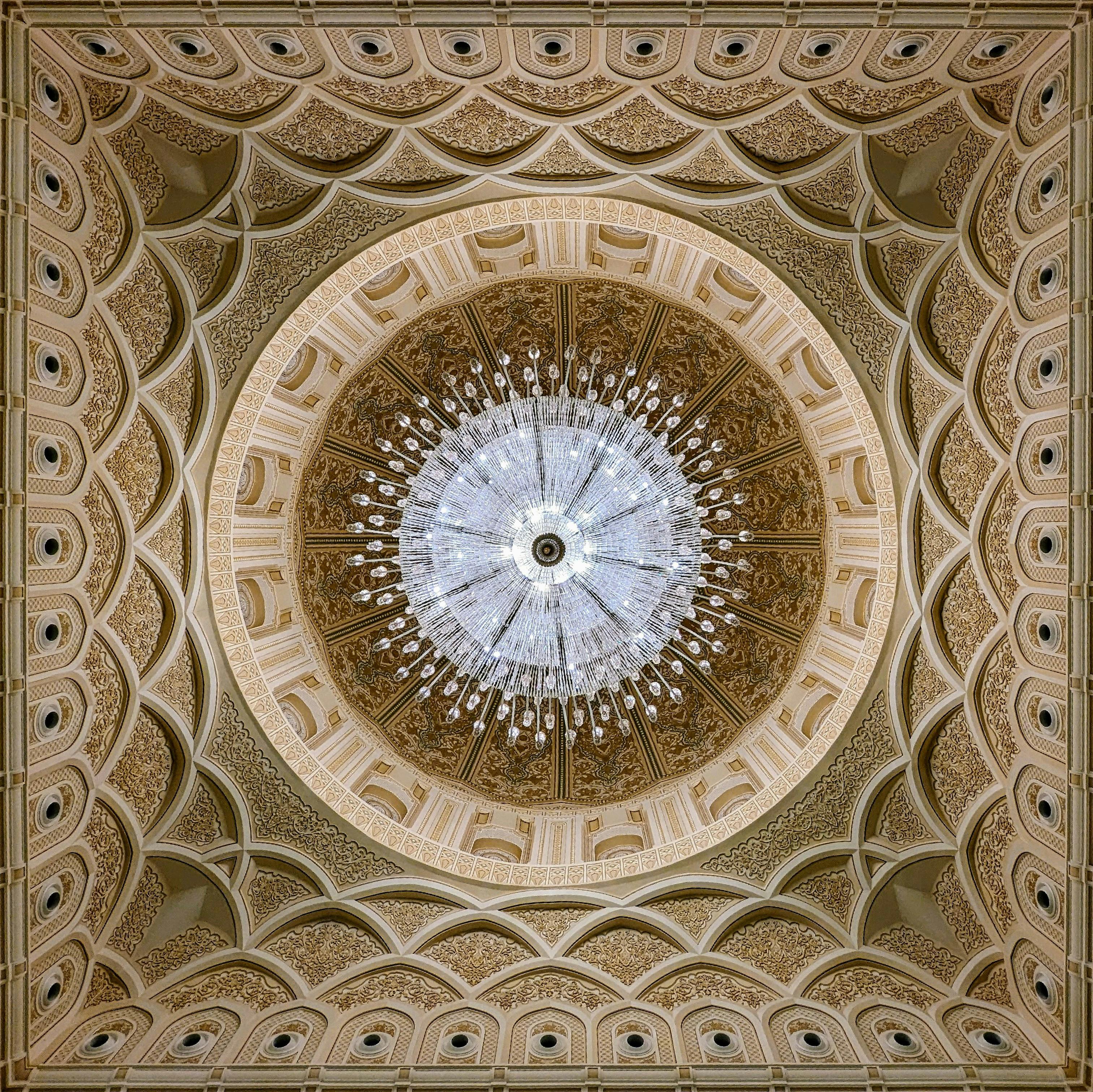 Stunning ornate dome with grand chandelier at Sultan Qaboos Grand Mosque, Salalah.