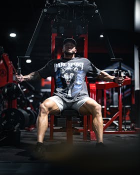 A strong man performing a workout on a peck deck machine in a gym setting.