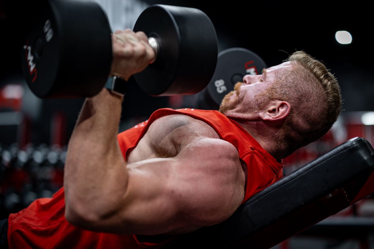 Muscular athlete performing dumbbell pressing on a weight bench