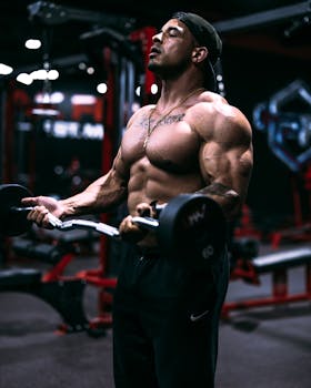 A muscular man lifts weights in a modern gym, showcasing strength and determination.