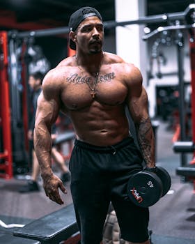 Strong athletic man lifting a 45 lb dumbbell in a gym, showcasing tattoos and muscles.