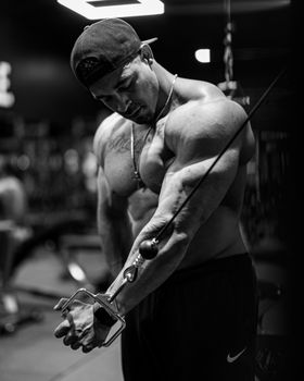 A muscular man intensely works out in the gym, showcasing strength and focus in a black and white portrait.