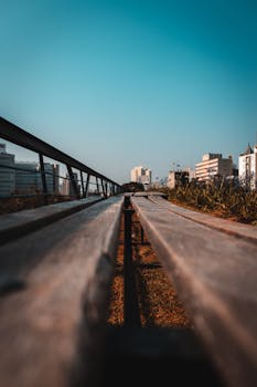 在晴朗的蓝天下，通往城市景观的木制小路提供了独特的城市视角