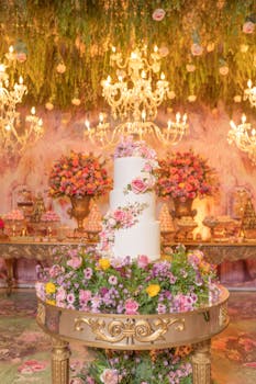 Luxurious quinceañera cake with floral decor under chandeliers.