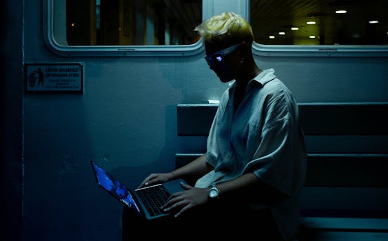 Stylized portrait of an individual using a laptop in a dimly lit environment.
