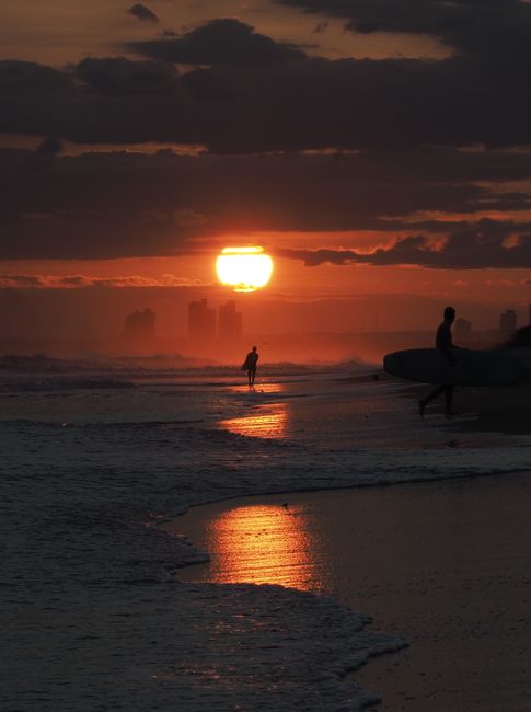 Dramatic silhouetted surfers against a vibrant ocean sunset, capturing the beauty of coastal life.