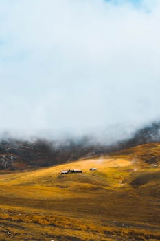 Scenic view of rolling hills and fields shrouded in fog during autumn, with small rural buildings.