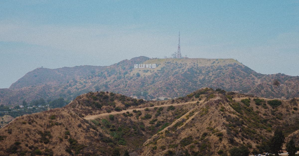 Scenic view of the Hollywood Sign atop Mount Lee in summer, USA.