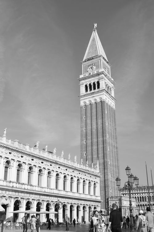 Free Black and white view of St Mark's Campanile, capturing Venice's architectural charm. Stock Photo