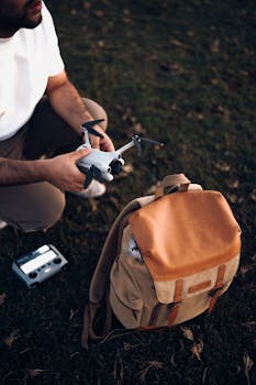 A man crouches with a drone and backpack, ready for an outdoor adventure.