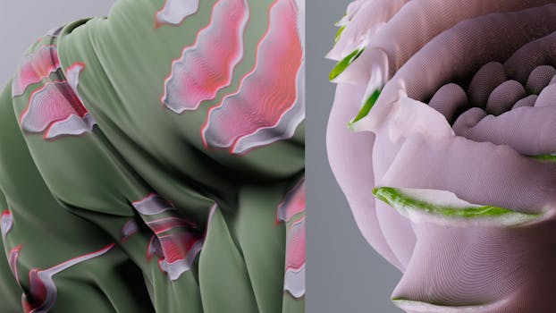 Intricate abstract 3D render showcasing vibrant textured fabric sculptures in pink and green tones.