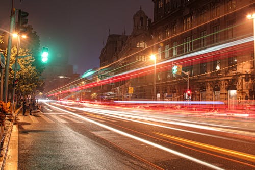 Long Exposure of Car Lights on a Street in City at Night 