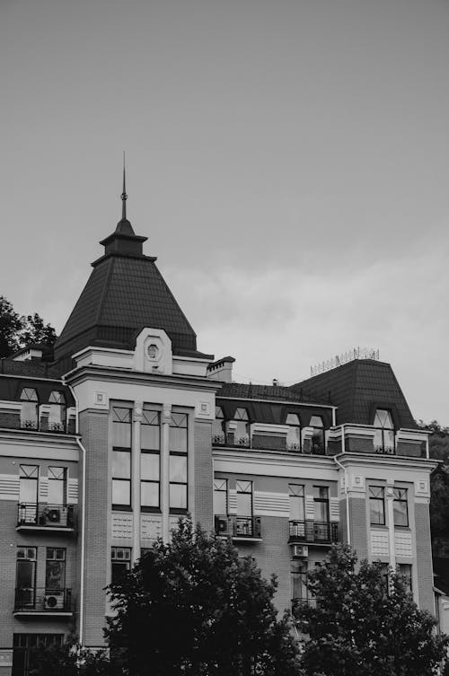 Black and White Photo of a Building Facade 
