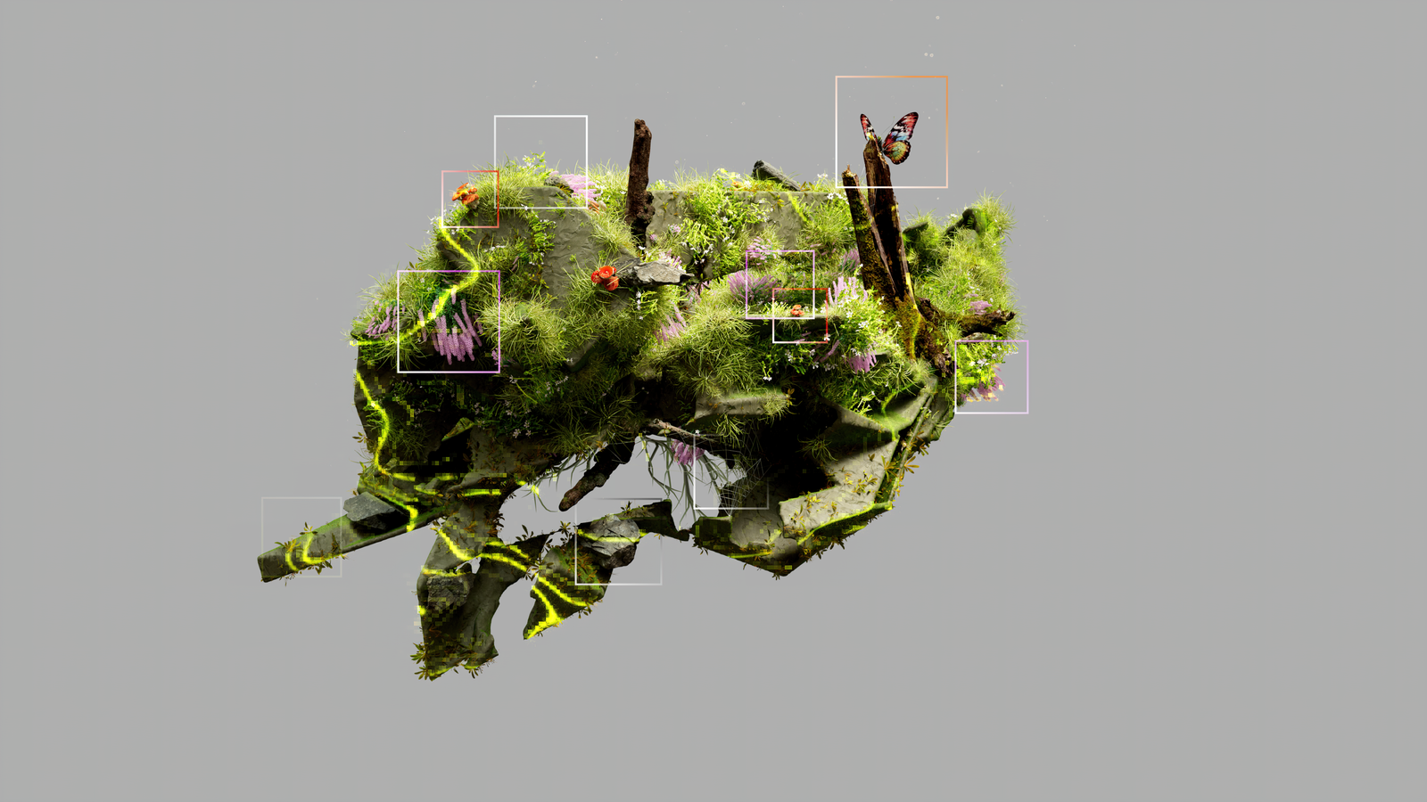 Ilustração de ecossistema de IA verde com nós conectados representando finanças, tecnologia e sustentabilidade