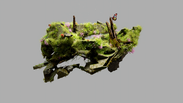 A surreal CGI depiction of a floating island with lush greenery and a butterfly.