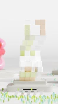 A modern geometric sculpture made of stacked pastel blocks on a minimalist background.