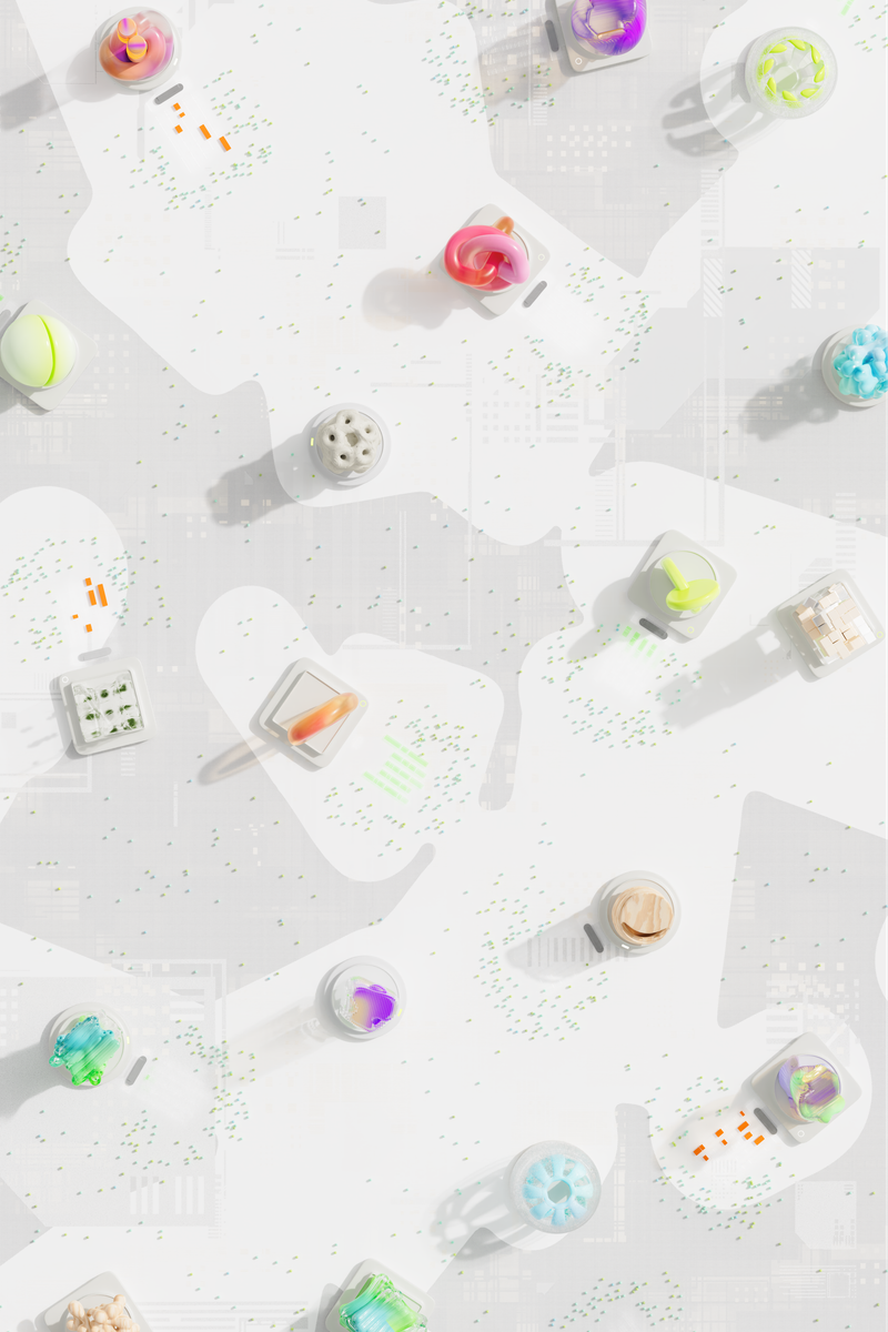Creative flat lay of vibrant 3D objects on a white backdrop.