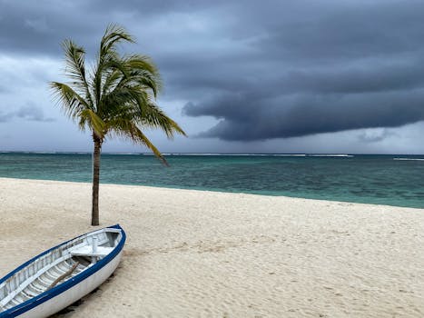 A lonely boat on a windy beach with palm trees and storm clouds gathering at Le Morne, Mauritius.