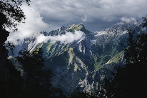 Landscape of High Rocky Mountains under a Cloudy Sky 