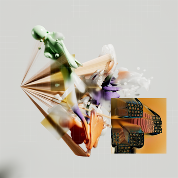 Colorful abstract digital art featuring geometric shapes and textures on a neutral background.
