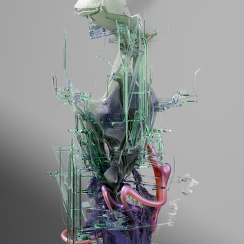 A futuristic 3D abstract digital structure with vibrant colors and complex geometry.