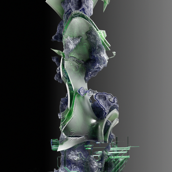 A captivating 3D render showcasing a futuristic, abstract structure with green and blue elements.