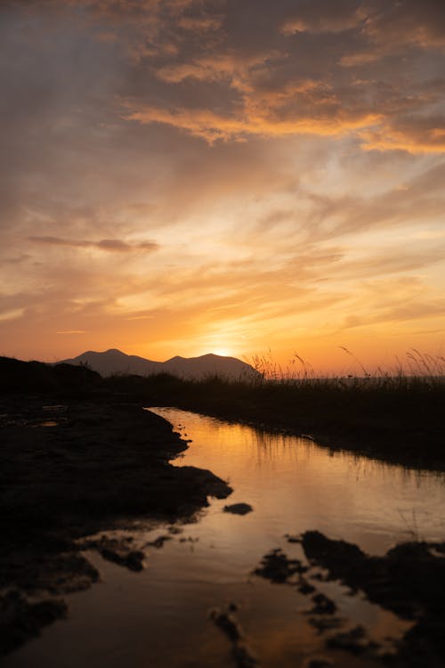 View of a Body of Water, Grass and Mountains in Distance at Sunset