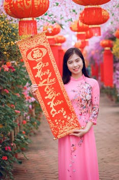 一位身着传统粉红色连衣裙的迷人女子，在充满活力的户外庆祝活动中举着节日横幅