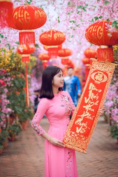 Smiling Asian woman in floral dress holding a traditional Vietnamese scroll during a festive celebration.