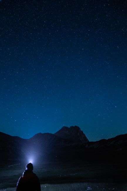 Silhouette of a person under a starlit sky with a flashlight illuminating the foreground.