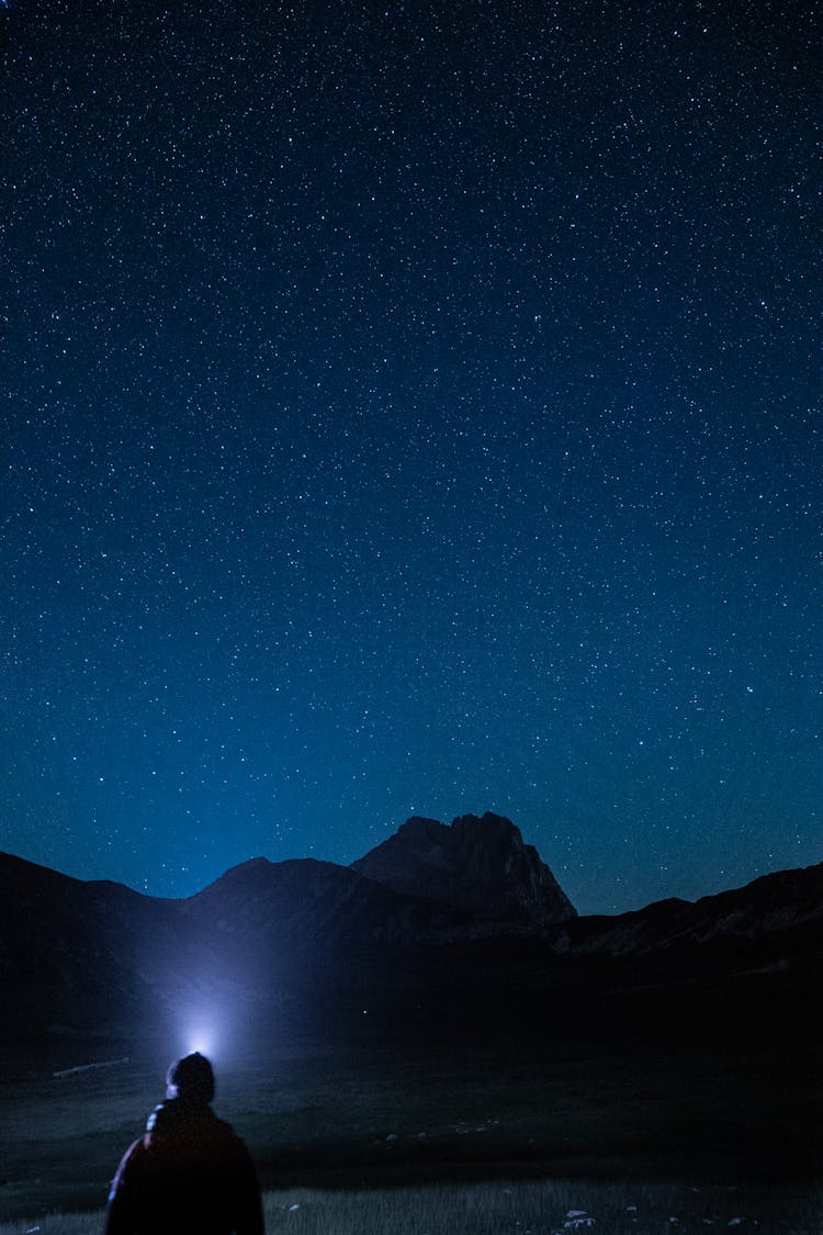 Person With Flashlight Looking At Stars In Night Sky