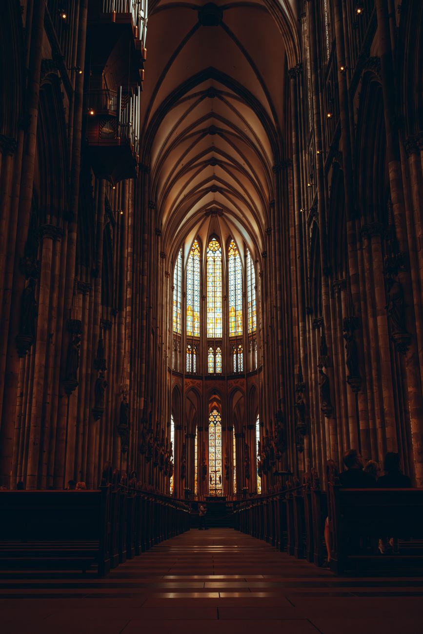 Cologne Cathedral twin spires viewed from the square below