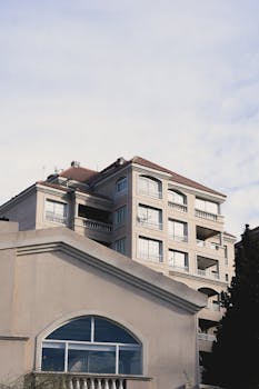 A contemporary urban apartment building with multiple balconies under a clear sky.