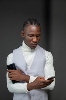 A fashionable young man in a turtleneck and vest using a smartphone indoors.