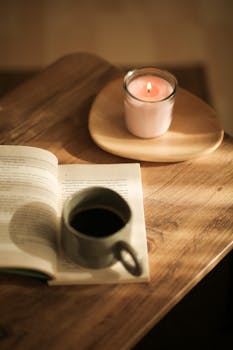 A warm scene of a coffee mug and open book with a lit candle on a wooden table.