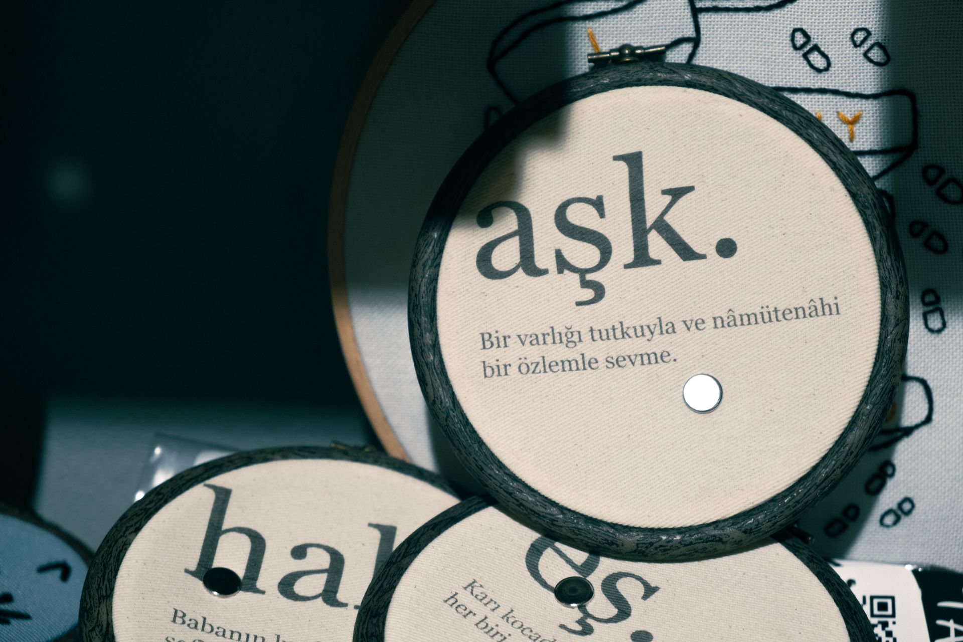 Detailed view of round decorations with Turkish embroidery text on fabric.