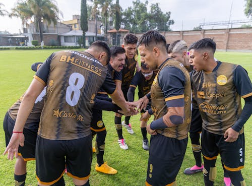 Free Team of Soccer Players Touching Hands Stock Photo