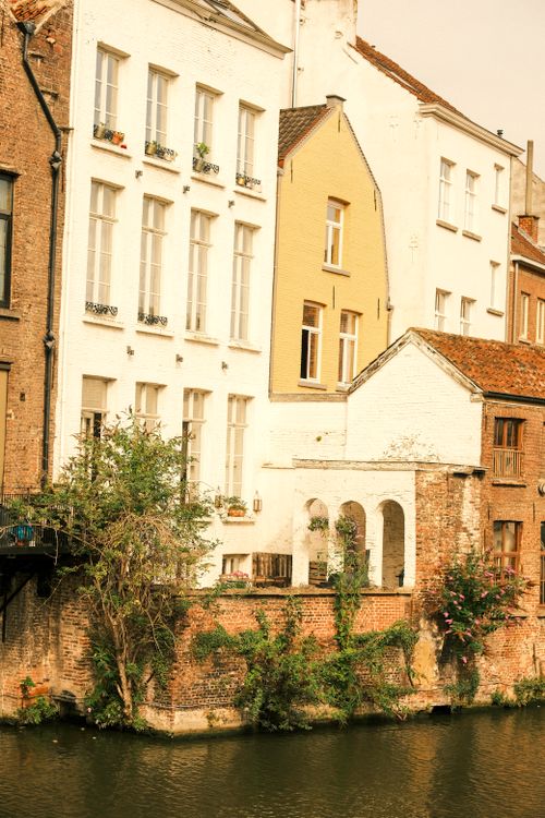 Free Historical European buildings along a canal with ivy-covered walls, perfect for travel and architecture themes. Stock Photo