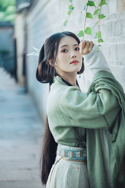 Beautiful Brunette Woman in Traditional Chinese Dress