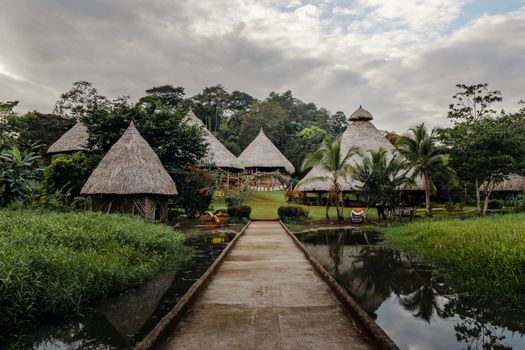 Explore the peaceful retreat of a tropical village with thatched roof huts surrounded by lush greenery and water.