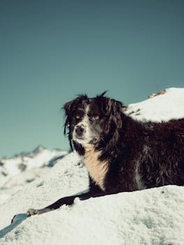 A black dog lying on a snowy mountain slope in Cusco, Peru, under a clear sky.