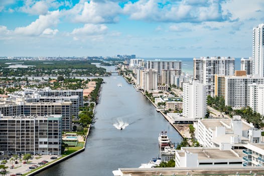 Stunning aerial view of Hollywood, Florida's coastal cityscape with high-rise buildings and a serene waterway.