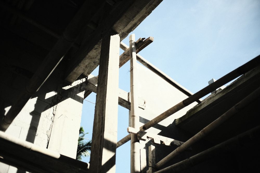 Scaffolding and structural framework at an active construction site